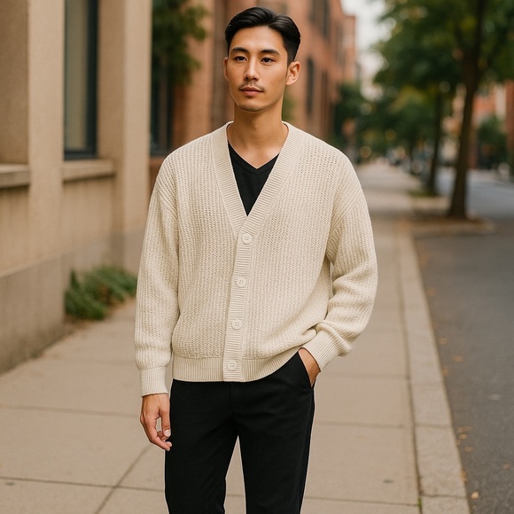 AXIS‼️HostPick‼️Cardigan Sweater Cotton Fisherman Weave Ivory | Sz M​ - Picture 1 of 11